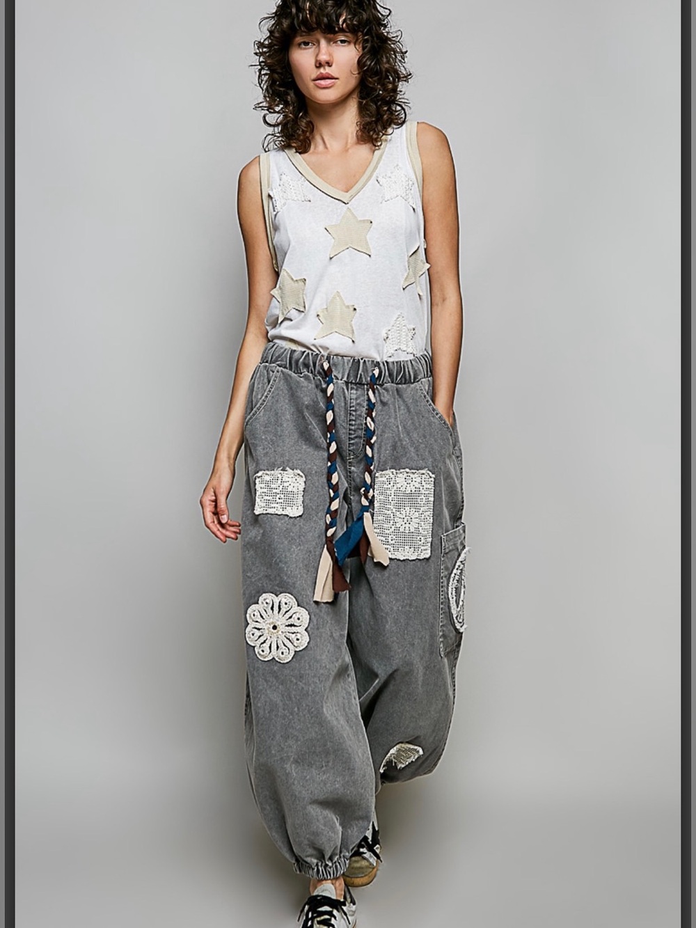 POL- Boho Patchwork Drawstring Wide-Leg Pants - Ash Black